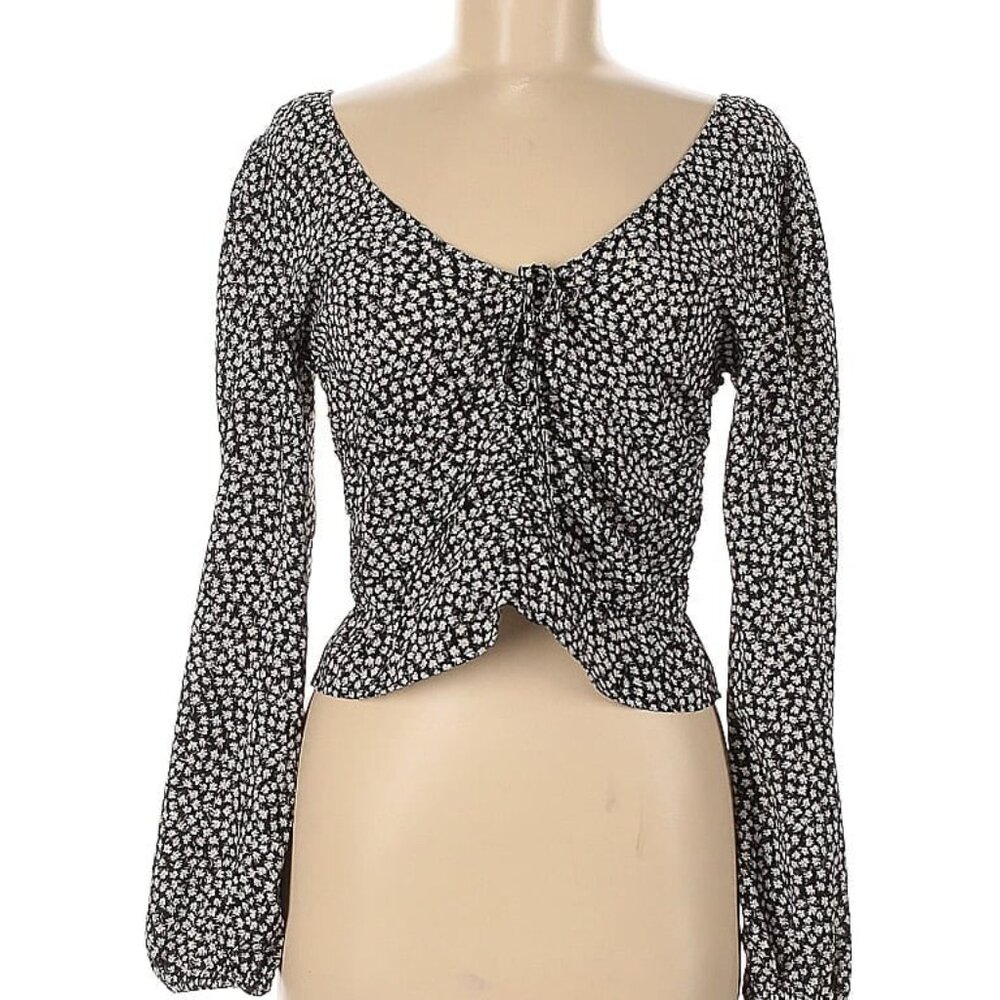 H&M Cropped Floral Peplum Blouse With Tie Front, Size L